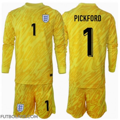 Camiseta Inglaterra Jordan Pickford #1 Portero Visitante Equipación para niños Eurocopa 2024 manga larga (+ pantalones cortos)